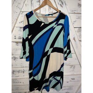 Tori Richard Dress Blue Geometric Stripe Print Bell 3/4 Sleeve Pullover Sz M